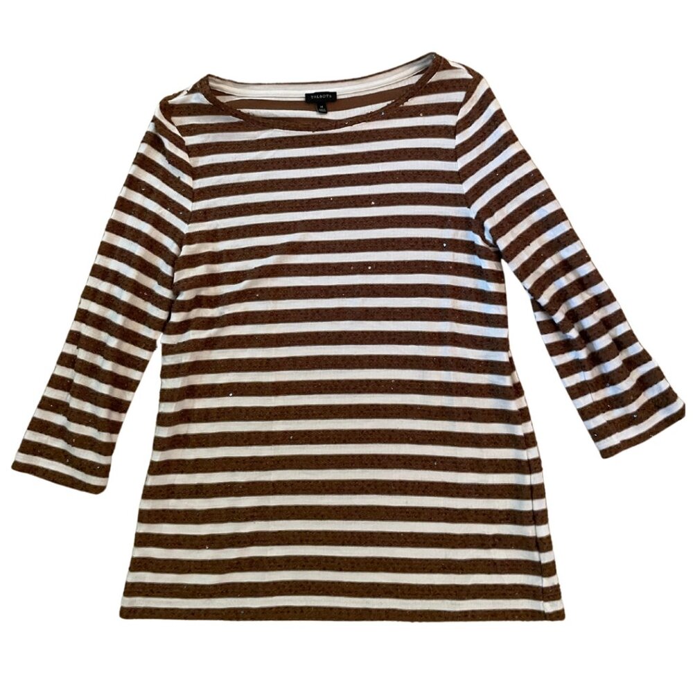 Talbots | Tan & Cream Sequin Stripe Top | Size M | 3/4 Sleeve